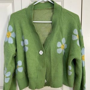 Women's Flower Long Sleeve Open Front Short Cardigan Casual Loose V Neck Button